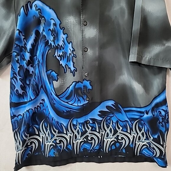 C-Two Mens XXL Hawaiian Shirt Black Gray Blue Wave Graphic Graffiti Design - Picture 3 of 14